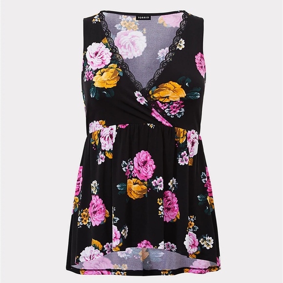 Torrid 2X 5X Top Black Floral Lace Trim Babydoll - Picture 3 of 4